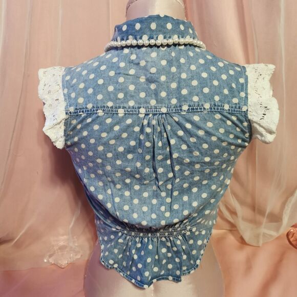 Ank Rouge Size Women's Small Denim Blouse Top Pearl Polka Dot Boho Japan Import - Picture 9 of 16